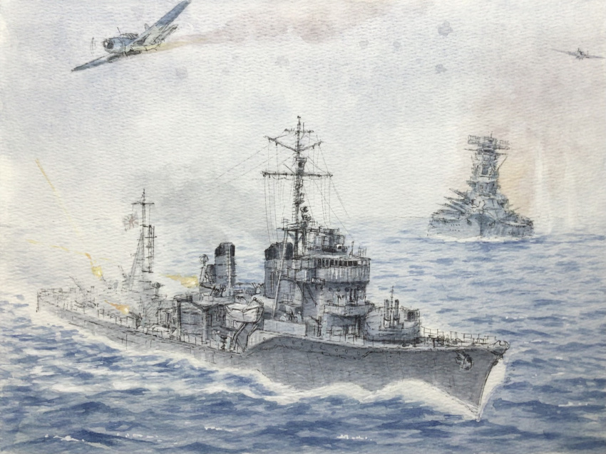 anti-aircraft_gun, atelier_bono, battleship, commentary_request, destroyer, firing, highres, imperial_japanese_navy