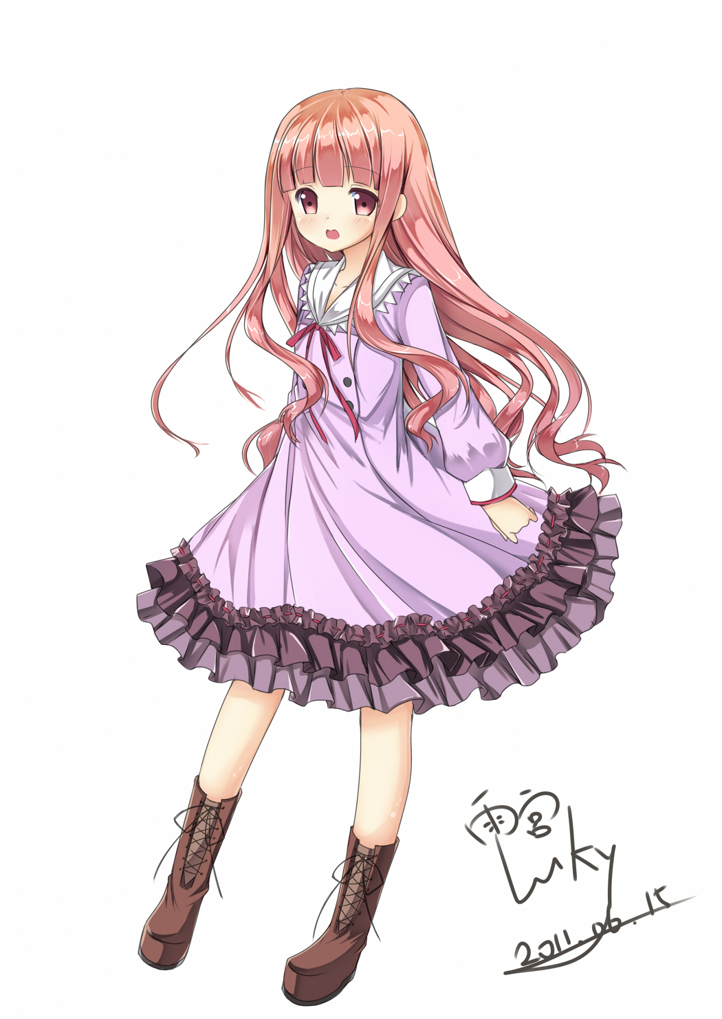 blunt_bangs, blush, boots, dress, hakamada_hinata, highres, hinata, long_hair, open_mouth, pink_eyes, pink_hair, ro-kyu-bu!, rou-kyuu-bu!, school_uniform, solo, source_request, very_long_hair