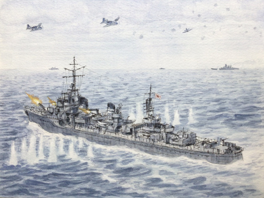anti-aircraft_gun, atelier_bono, battleship, commentary_request, destroyer, firing, hamakaze_(destroyer), highres, imperial_japanese_navy, military_vehicle, no_humans, ocean, operation_ten-gou, original, painting_(medium), rising_sun_flag, sailing, ship, ship_turret, smokestack, sunburst, tbf_avenger, traditional_media, type_96_aa_gun, under_fire, vehicle_focus, warship, watercolor_(medium), watercraft, world_war_ii, yamato_(battleship)