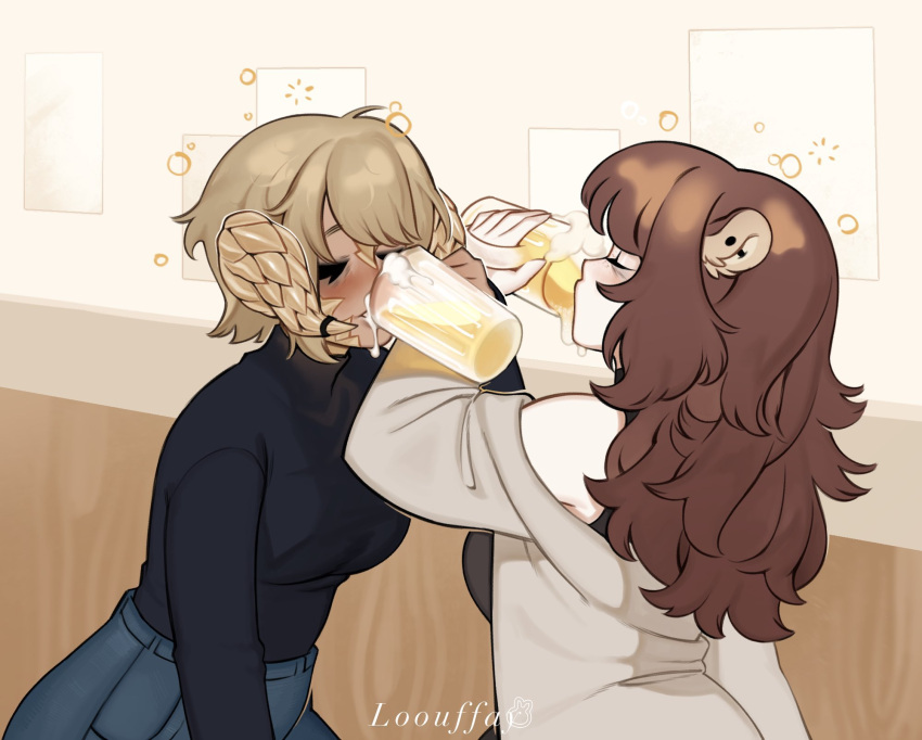 2girls, alcohol, animal_ears, artist_name, au_ra, bare_shoulders, bear_ears, bear_girl, beer, beer_mug, black_sweater, blue_pants, breasts, brown_hair, closed_eyes, commentary, commission, cup, dragon_girl, dragon_horns, drinking, drunk, ear_piercing, english_commentary, final_fantasy, final_fantasy_xiv, highres, horns, jiao_bei_jiu, locked_arms, long_hair, long_sleeves, louffay, medium_breasts, mishka_(rhoabear), mug, multiple_girls, off-shoulder_jacket, off_shoulder, original, pants, piercing, saran_(femraenjoyer), short_hair, squeans, sweater, sweater_tucked_in, turtleneck, turtleneck_sweater, upper_body, warrior_of_light_(ff14)
