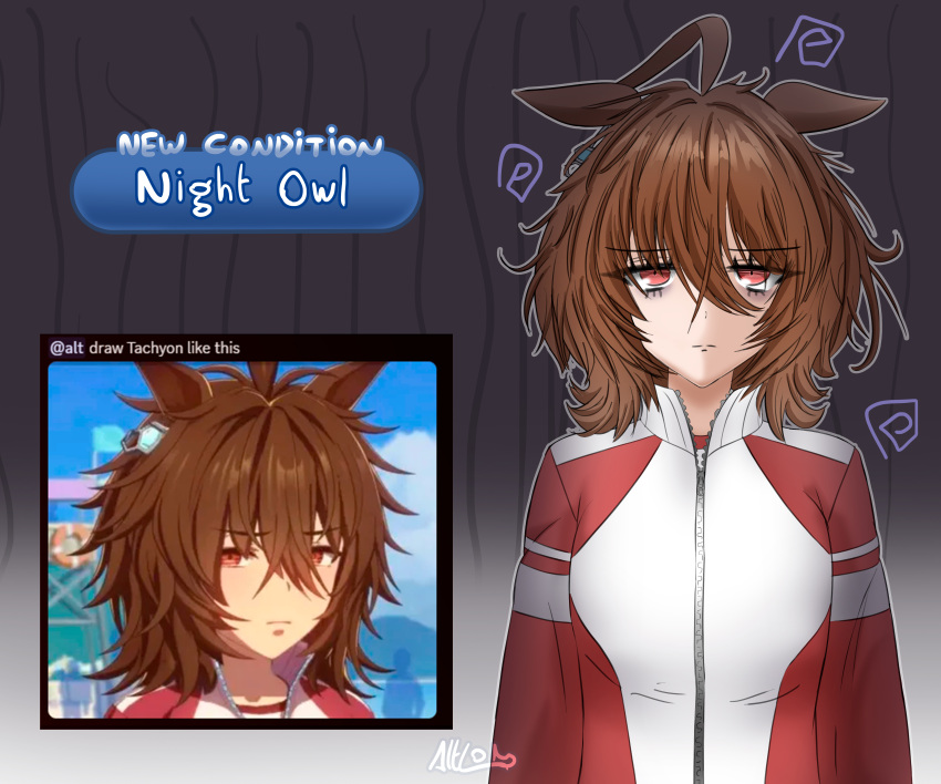 1girl, absurdres, agnes_tachyon_(umamusume), ahoge, alterworshiper, animal_ears, bags_under_eyes, brown_hair, derivative_work, ear_ornament, ears_down, highres, horse_ears, light_frown, messy_hair, red_eyes, reference_inset, screenshot_redraw, short_hair, sleepy, tracen_training_uniform, umamusume, zipper
