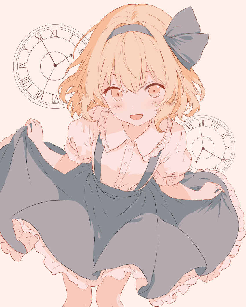 1girl, :d, absurdres, alice_margatroid, alice_margatroid_(pc-98), analog_clock, blonde_hair, blue_bow