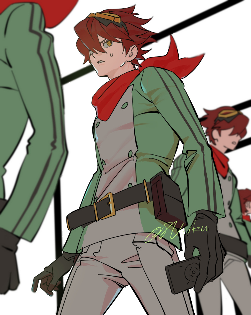 4boys, absurdres, belt, brown_hair, clone, cowboy_shot, digimon, digimon_story:_time_stranger, goggles, goggles_on_head, green_jacket, highres, holding, holding_phone, jacket, male_focus, multicolored_jacket, multiple_boys, o_kura_o, phone, red_scarf, scarf, short_hair, solo_focus, two-tone_jacket, white_background, white_jacket, yellow_eyes, yuuki_dan