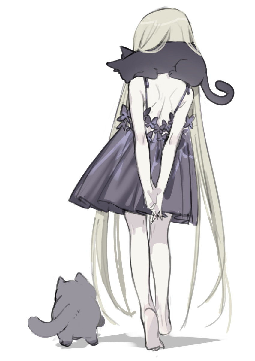 1girl, abigail_williams_(fate), absurdres, animal_on_shoulder, back, bare_shoulders, barefoot, black_cat, black_dress, cat, cat_on_shoulder, dress, fate/grand_order, fate_(series), from_behind, full_body, grey_hair, highres, long_hair, luthar_(fate), nemo_(leafnight), nosh_(fate), simple_background, sketch, solo, very_long_hair, walking, white_background