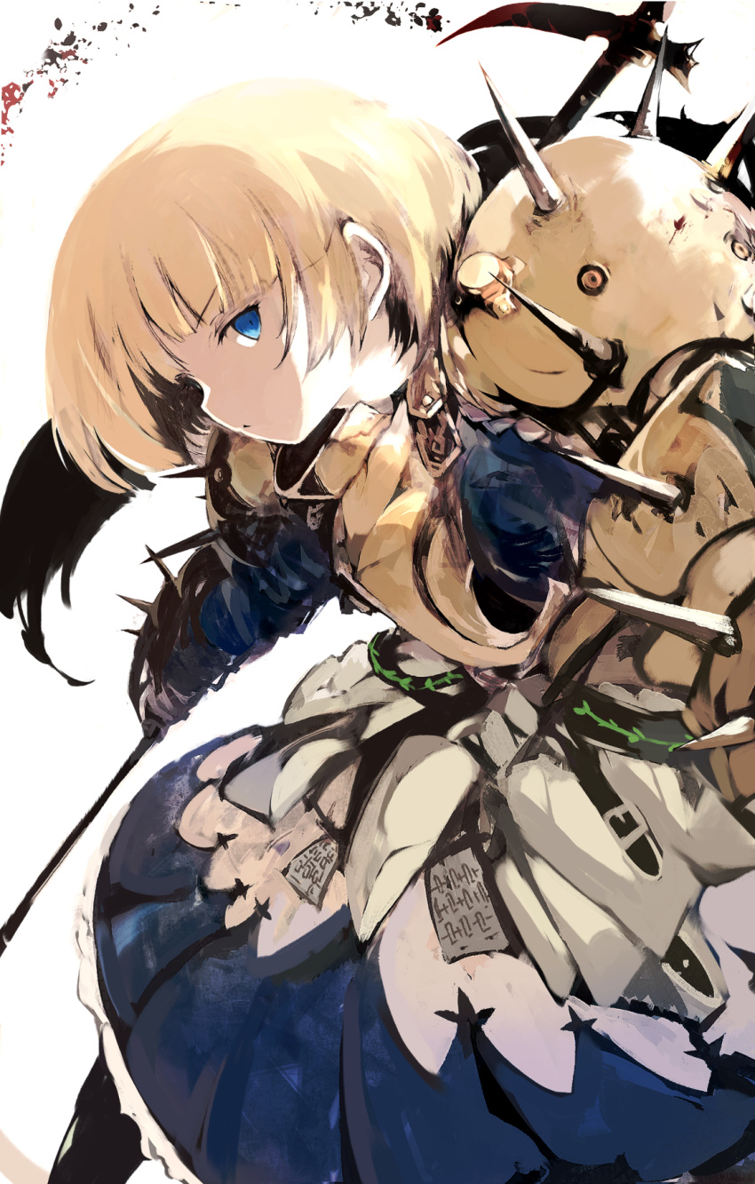 1girl, armor, armored_dress, blonde_hair, blue_eyes, bob_cut, crow's_beak, dress