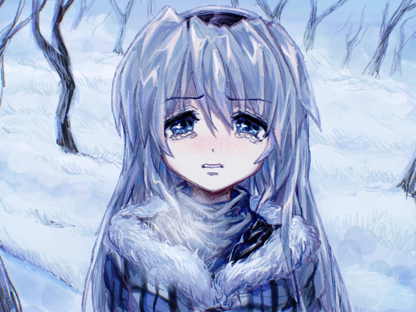 1girl, bare_tree, black_hairband, blue_coat, blue_eyes, blush, breath, choppy_bangs
