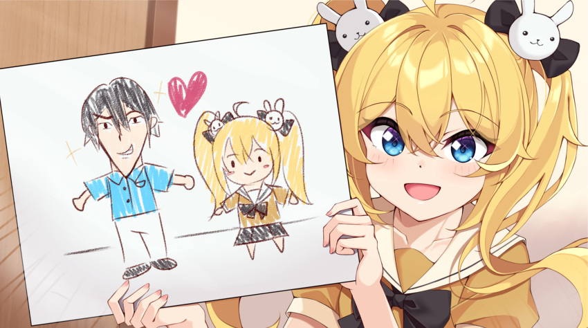 1girl, :d, absurdres, ahoge, bilingual_commentary, black_bow, blonde_hair, blue_eyes