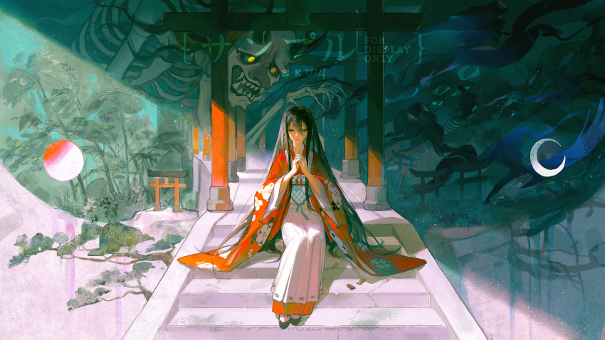 1girl, absurdly_long_hair, absurdres, black_hair, black_shoes, borrowed_character, commission, day_and_night, full_body, furisode, hair_between_eyes, half-closed_eyes, highres, interlocked_fingers, japanese_clothes, kimono, long_hair, long_skirt, on_stairs, original, own_hands_together, praying, red_kimono, second-party_source, shoes, sitting, sitting_on_stairs, skirt, solo, stairs, straight_hair, tattaco, torii, traditional_youkai, very_long_hair, watermark, white_skirt, wide_shot
