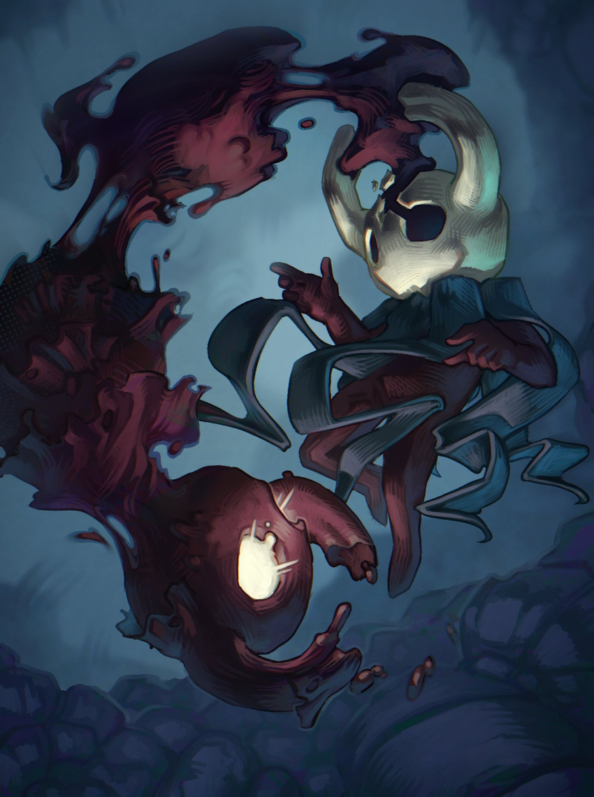 1other, black_eyes, black_skin, cloak, colored_skin, cracked_mask, floating, full_body