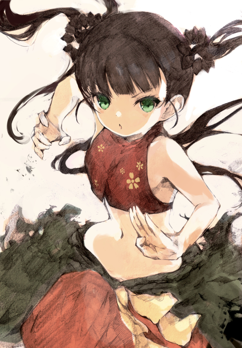 1girl, bare_shoulders, black_hair, green_eyes, highres, imminent_attack, midriff, monk_(sekaiju)