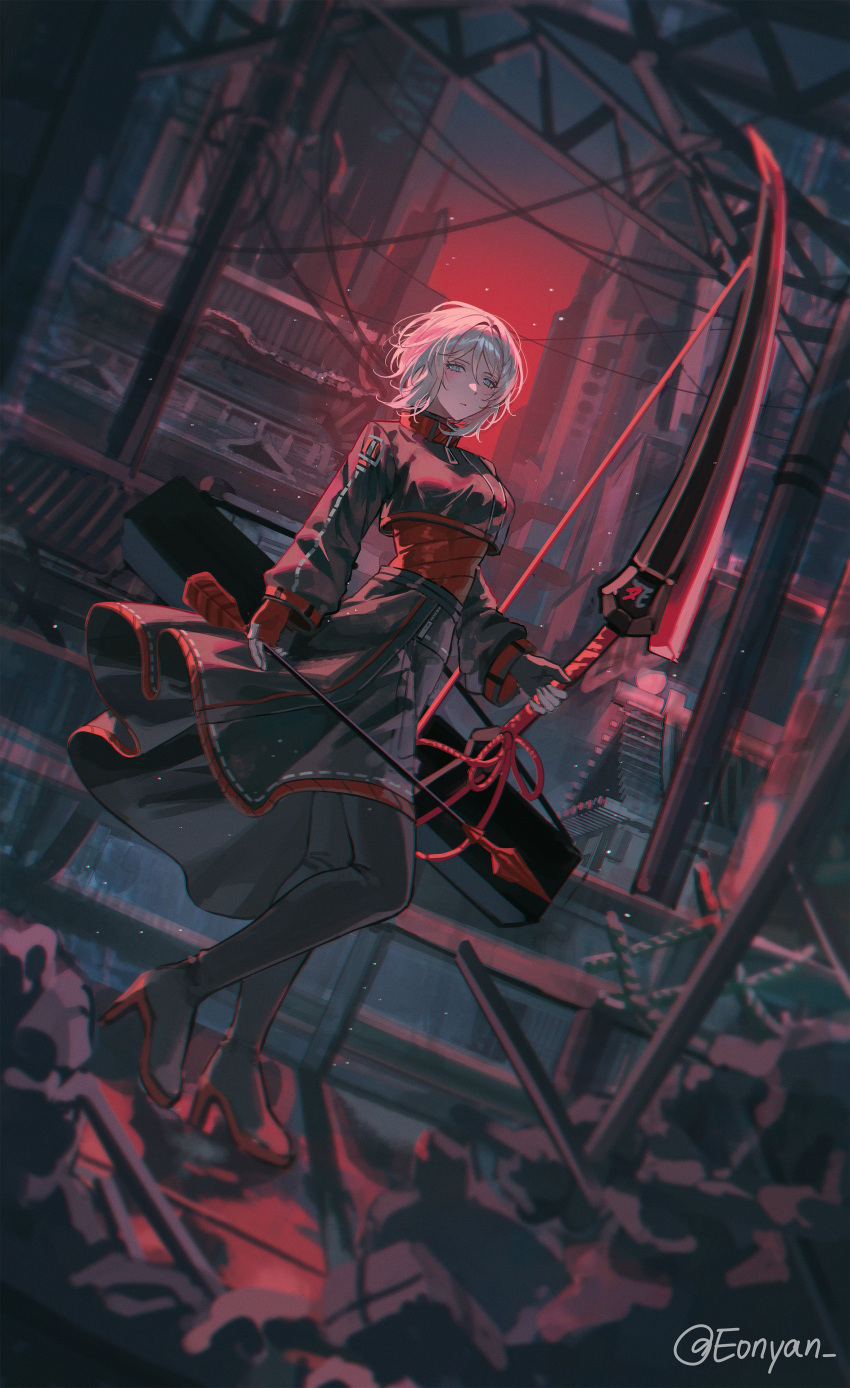 1girl, absurdres, arrow_(projectile), black_boots, black_jacket, black_pants, black_skirt, blue_eyes