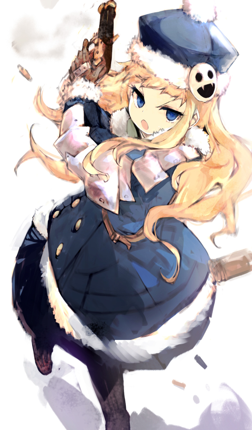 1girl, armor, blonde_hair, blue_dress, blue_eyes, boots, coat, dress, fur-trimmed_headwear, fur-trimmed_sleeves, fur_trim, gloves, gun, gunner_(sekaiju), gunner_2_(sekaiju), handgun, hat, highres, holding, holding_gun, holding_weapon, jack_frost_(megami_tensei), long_hair, looking_at_viewer, multiple-barrel_gun, sekaiju_no_meikyuu, sekaiju_no_meikyuu_2, shell_casing, solo, tsutsugano, weapon