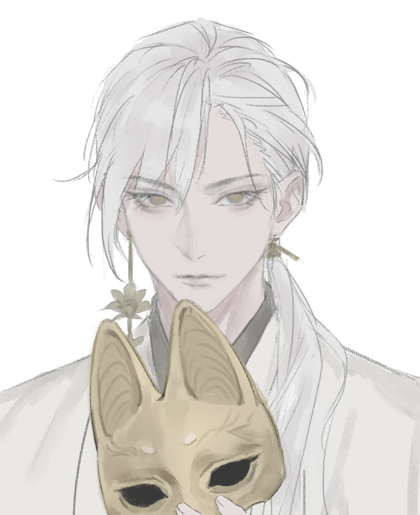 1boy, asymmetrical_bangs, closed_mouth, commentary_request, earrings, fox_mask, fox_mask_(silent_hill), highres
