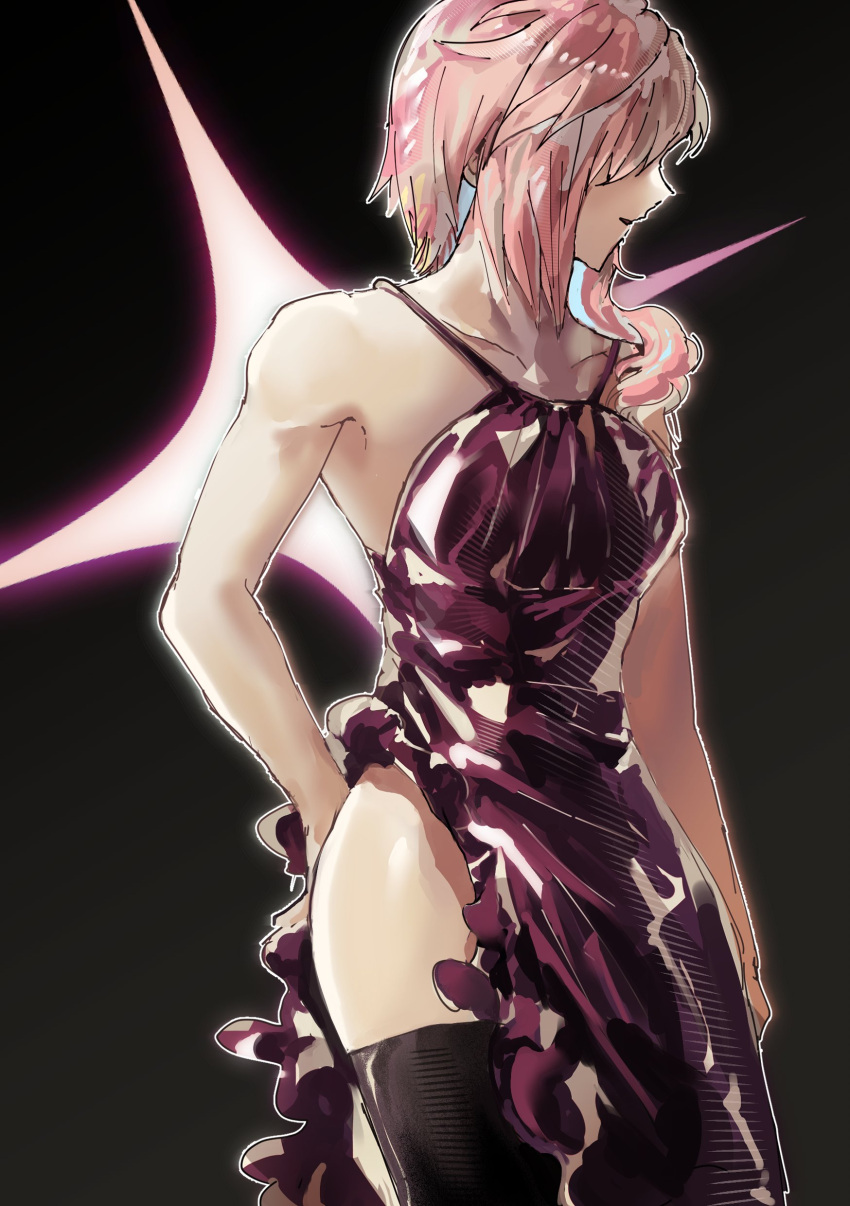 1girl, absurdres, alternate_costume, arm_behind_back, bare_shoulders, black_thighhighs, breasts, cowboy_shot