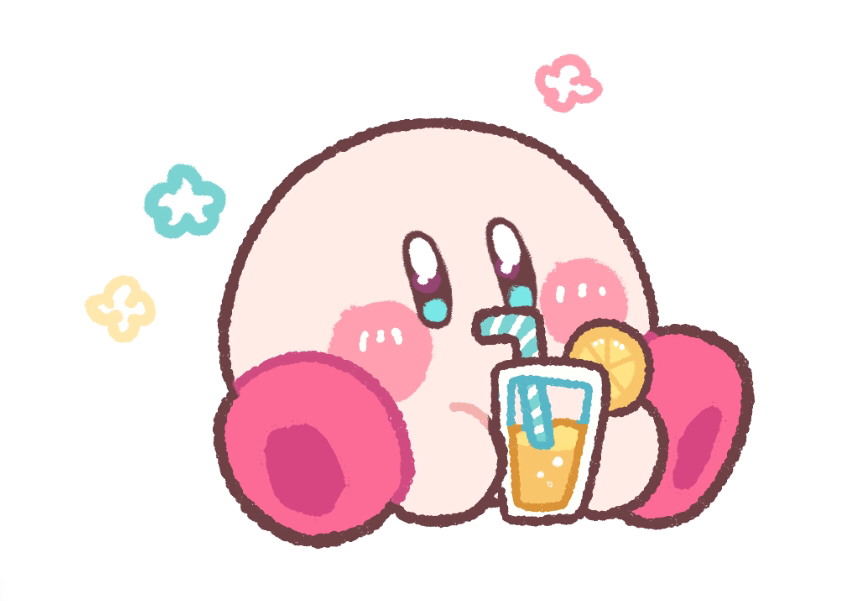 blue_eyes, blush_stickers, commentary_request, cup, drinking, drinking_glass, drinking_straw, flower_symbol, food, fruit, full_body, harukui, juice, kirby, kirby_(series), no_humans, orange_(fruit), orange_juice, orange_slice, simple_background, sitting, solo, white_background