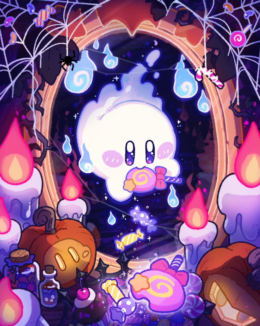 blush, bug, candle, candy, commentary_request, copy_ability, food, food_in_mouth, ghost, ghost_kirby, halloween, harukui, highres, jack-o'-lantern, jar, jelly_bean, kirby, kirby_(series), lollipop, meta_knight, mirror, muffin, no_humans, silk, spider, spider_web, swirl_lollipop, waddle_dee