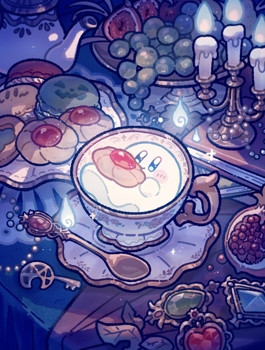 autumn_leaves, blue_eyes, blue_fire, book, candle, commentary_request, cookie, crescent, cup, cutlery, fire, food, fruit, ghost, ghost_kirby, grapes, harukui, highres, holding, holding_food, key, kirby, kirby_(series), leaf, macaron, no_humans, official_alternate_costume, pomegranate, smile, spoon, sweets, teacup, teapot, thumbprint_cookie