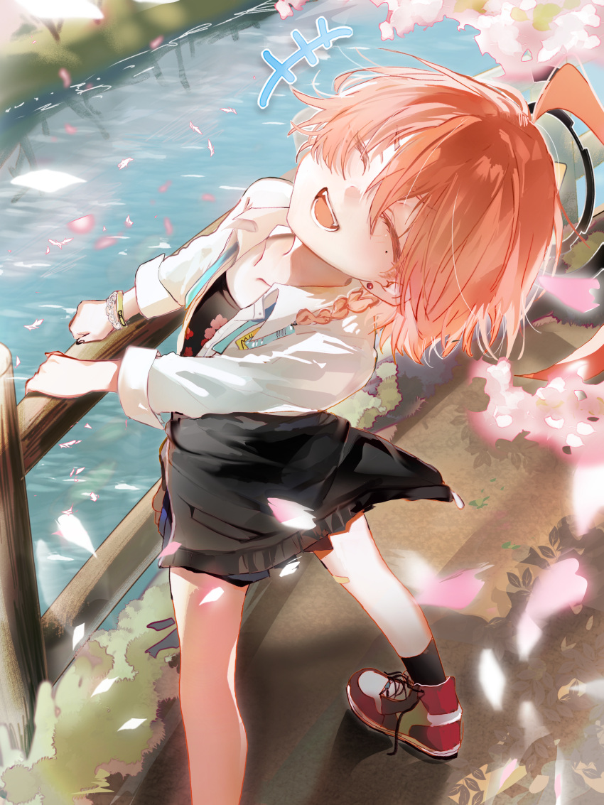 1girl, :d, ^_^, absurdres, ahoge, anhyo, black_skirt, black_socks