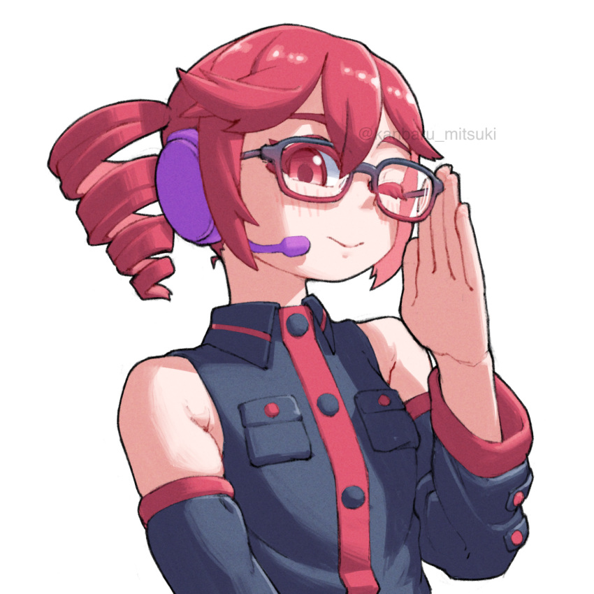 1girl, bare_shoulders, bespectacled, breast_pocket, buttons, closed_mouth, collared_shirt, detached_sleeves, drill_hair, glasses, grey_shirt, hand_up, headset, highres, kanbaru_mitsuki, kasane_teto, kasane_teto_(utau), long_sleeves, looking_at_viewer, one_eye_closed, pocket, red_eyes, red_hair, shirt, simple_background, solo, twin_drills, twintails, upper_body, utau, white_background