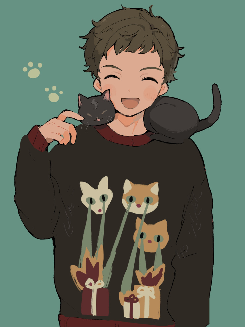 1boy, absurdres, animal_on_shoulder, animal_print, black_cat, black_sweater, brown_hair, cat, cat_on_shoulder, cat_print, chipie_(gnosia), closed_eyes, commentary_request, facing_viewer, gnosia, hand_up, highres, long_sleeves, male_focus, open_mouth, paw_print, short_bangs, short_hair, smile, solo, surround_sara_udon, sweater, upper_body, very_short_hair
