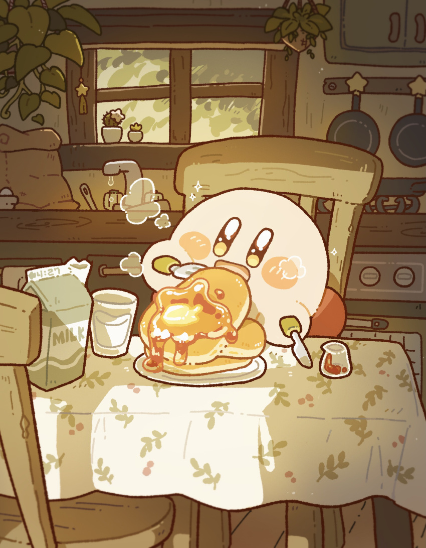 blush_stickers, butter, chair, commentary_request, drink_carton, dripping, eating, flower