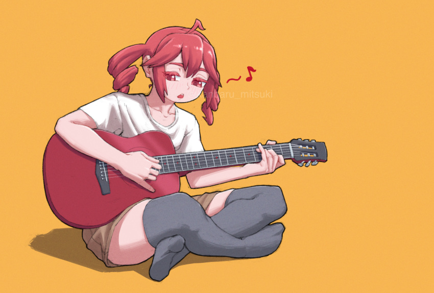 1girl, acoustic_guitar, brown_shorts, drill_hair, full_body, grey_thighhighs, guitar, highres