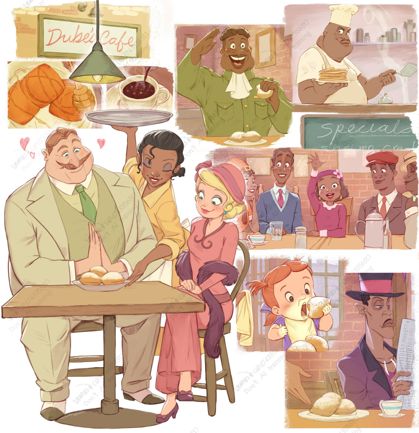 6+boys, 6+girls, absurdres, black_hair, blonde_hair, blush, buford_(the_princess_and_the_frog), cafe, chalkboard, character_request, charlotte_la_bouff, child, closed_eyes, coffee, commentary_request, cup, d74335631, dark-skinned_female, dark-skinned_male, dark_skin, dr._facilier, dress, eating, eli_la_bouff, everyone, facial_hair, flower, food, georgia_(the_princess_and_the_frog), hair_bun, hand_up, hat, hat_flower, highres, indoors, lamp, lips, mug, multiple_boys, multiple_girls, mustache, official_style, pancake, pink_dress, pink_hat, plate, shirt, short_hair, single_hair_bun, smile, table, the_princess_and_the_frog_(disney), tiana_(the_princess_and_the_frog), toddler, toon_(style), top_hat, very_dark_skin, waitress, yellow_shirt