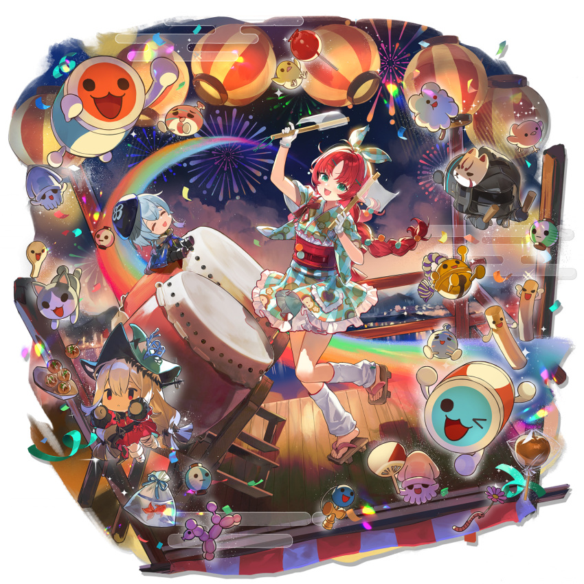 arknights, blue_hair, braid, chibi, doctor_(arknights), drum, egasumi, geta