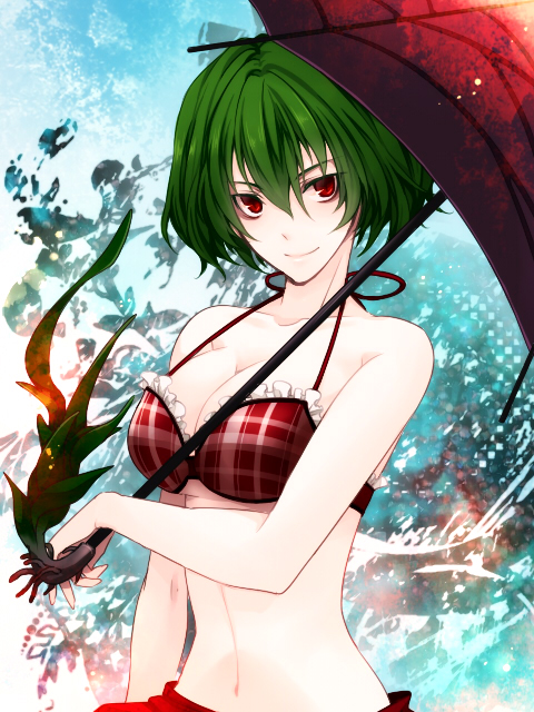 bare_shoulders, bikini, breasts, cleavage, collaboration, green_hair, kazami_yuuka, navel