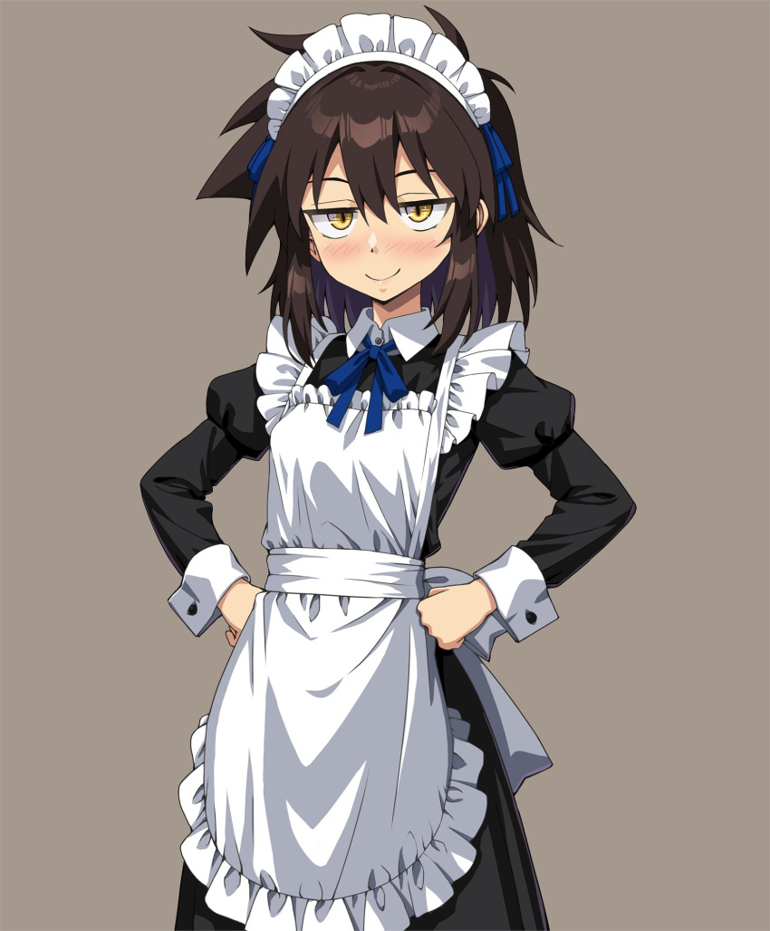 1girl, apron, black_dress, blue_ribbon, blush, breasts, brown_background, brown_hair, commentary_request, cowboy_shot, dress, enmaided, frilled_apron, frills, hands_on_own_hips, haruka_naru_enkei_sekai, highres, inui_koi, long_sleeves, looking_at_viewer, maid, maid_apron, maid_headdress, messy_hair, neck_ribbon, onimushi_hyogo, ribbon, ribbon_hair, simple_background, small_breasts, smile, solo, standing, white_apron