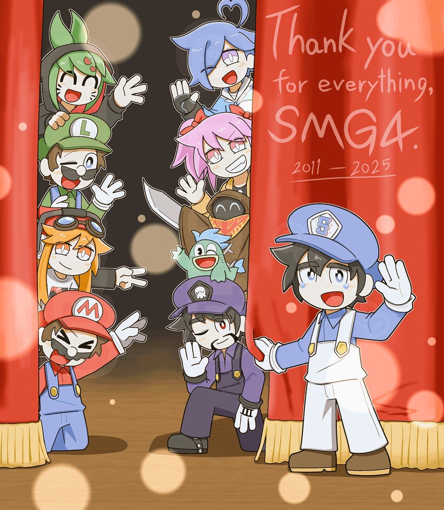 >_<, 4girls, 5boys, ahoge, bandana, black_hair, black_hood, blue_eyes