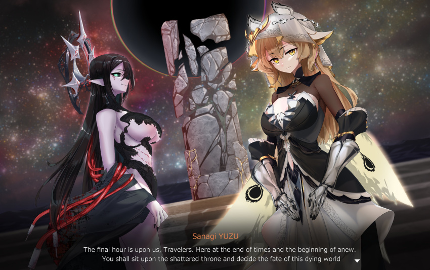 2girls, absurdres, arthropod_girl, black_hair, black_sclera, blonde_hair, blood, breasts