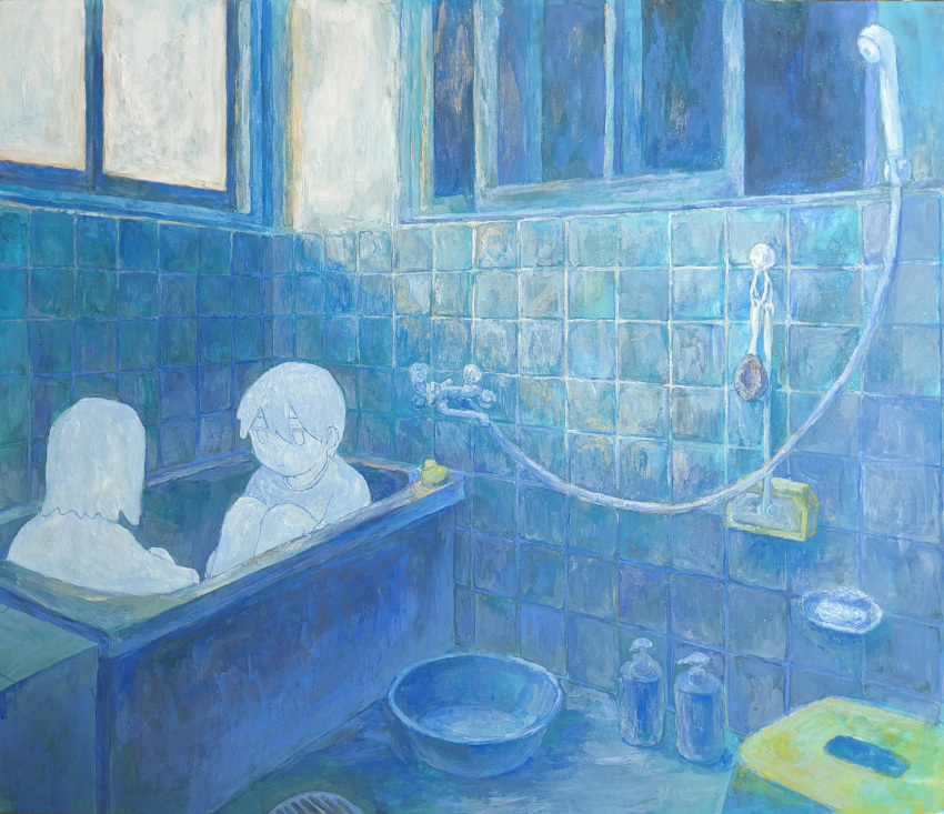 1boy, 1girl, absurdres, bathroom, bottle, closed_mouth, commentary_request, cool_colored