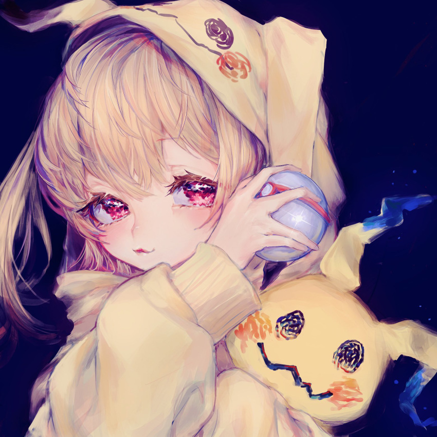 1girl, blonde_hair, blue_background, blush, closed_mouth, commentary_request, commission, double-parted_bangs