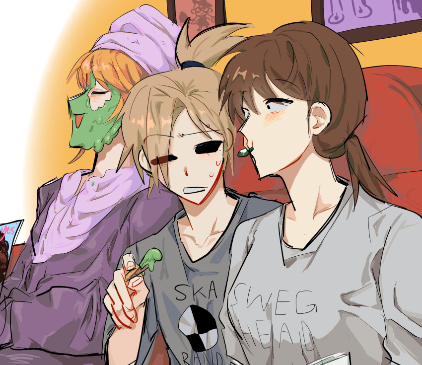 3girls, 5kritwlzec903td, absurdres, alternate_clothes_writing, animification, black_eyes, blush, breasts