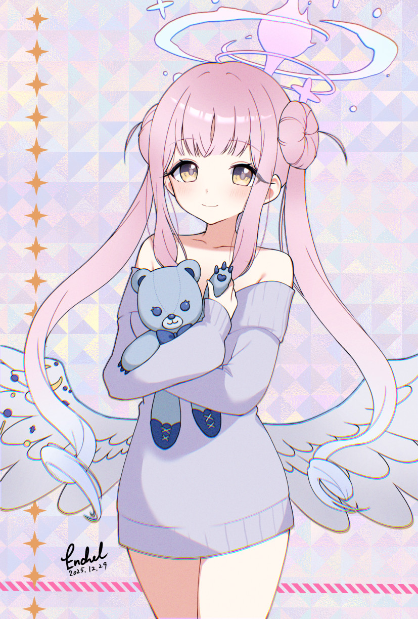1girl, alternate_costume, alternate_hairstyle, bare_shoulders, blue_archive, blue_sweater, blunt_bangs, blush