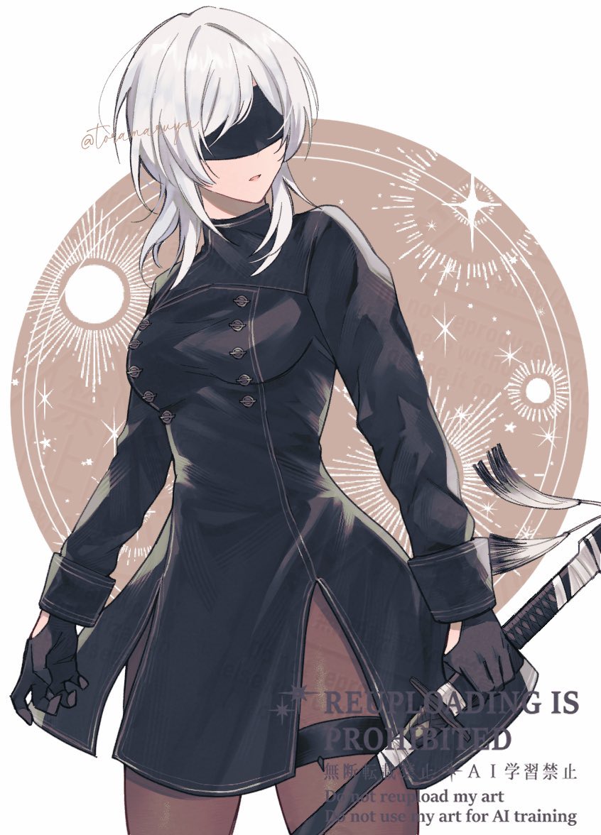 10h_(nier_reincarnation), 1girl, black_dress, black_gloves, black_visor, blindfold, breasts, brown_pantyhose