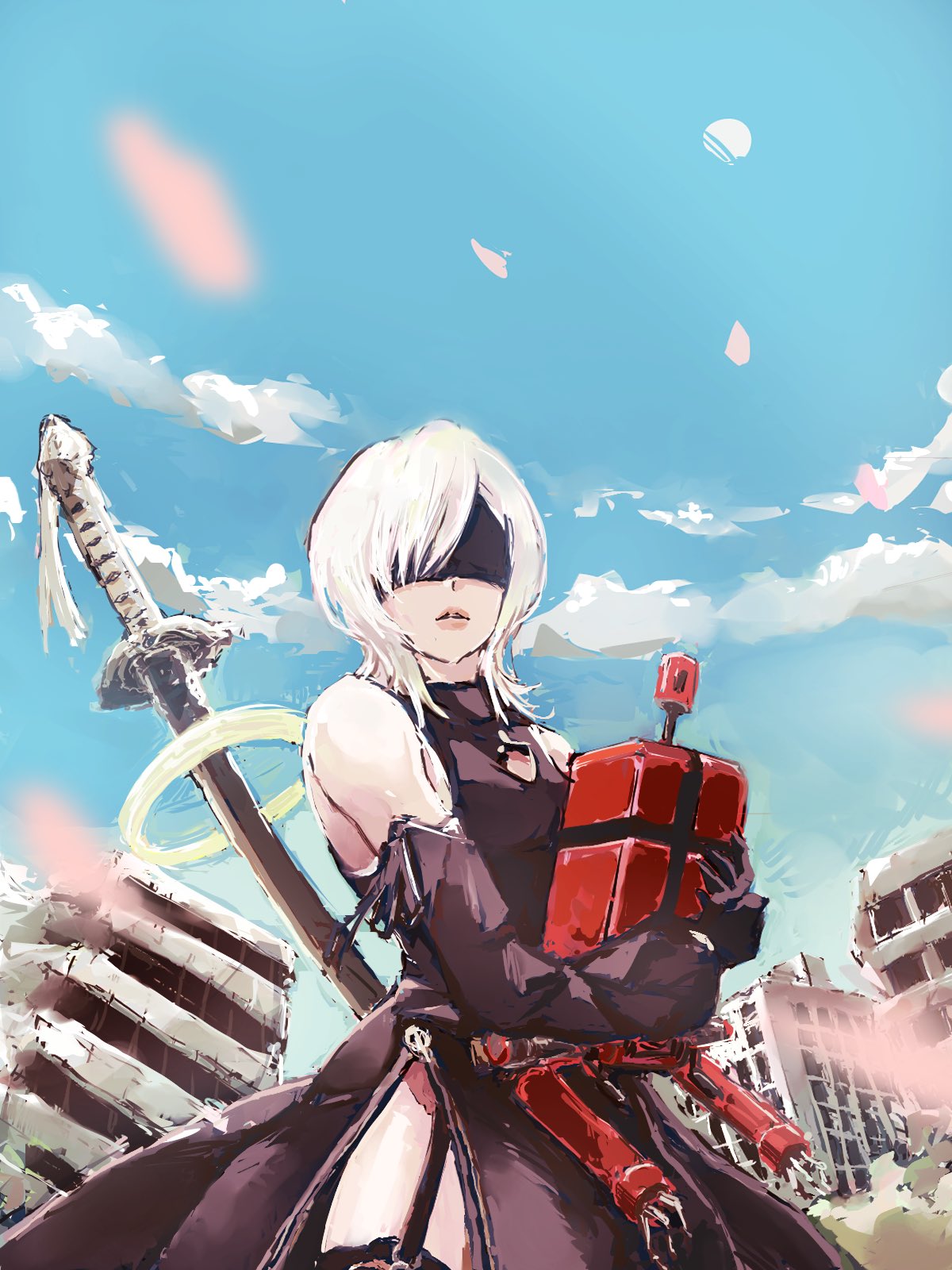10h_(nier_reincarnation), 1girl, bare_shoulders, black_dress, black_gloves, black_sleeves, black_thighhighs, black_visor