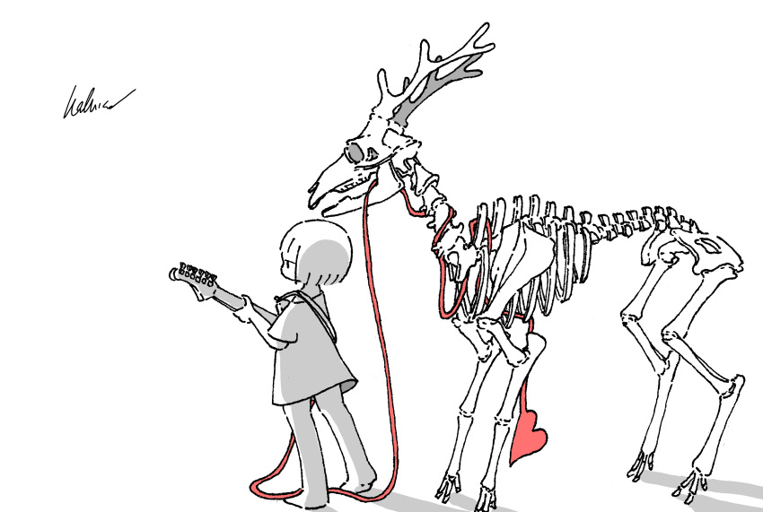 1girl, absurdres, animal_skeleton, deer, electric_guitar, greyscale, guitar, highres