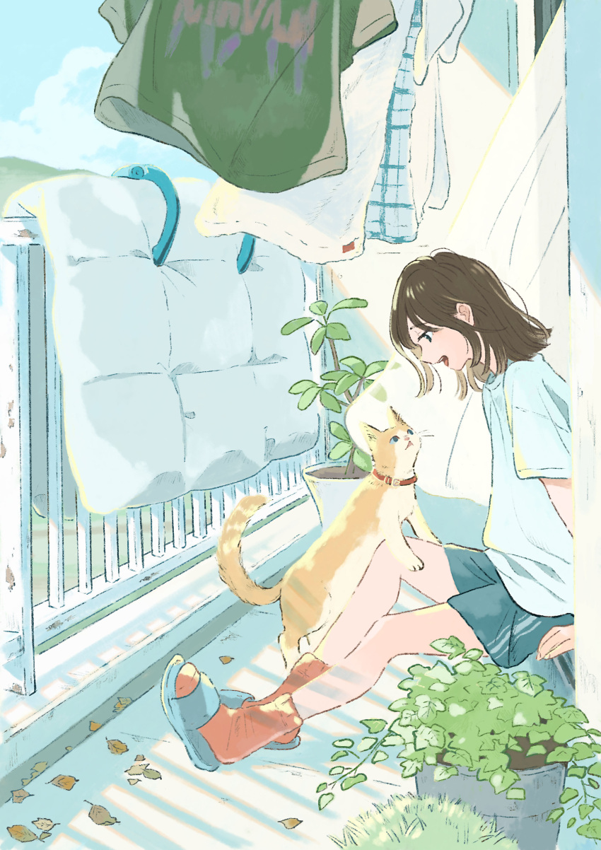 1girl, absurdres, air_mattress, animal, animal_collar, balcony, brown_hair, cat