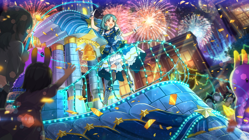 1girl, :d, arm_up, blue_dress, blurry, blurry_background, blurry_foreground, boots