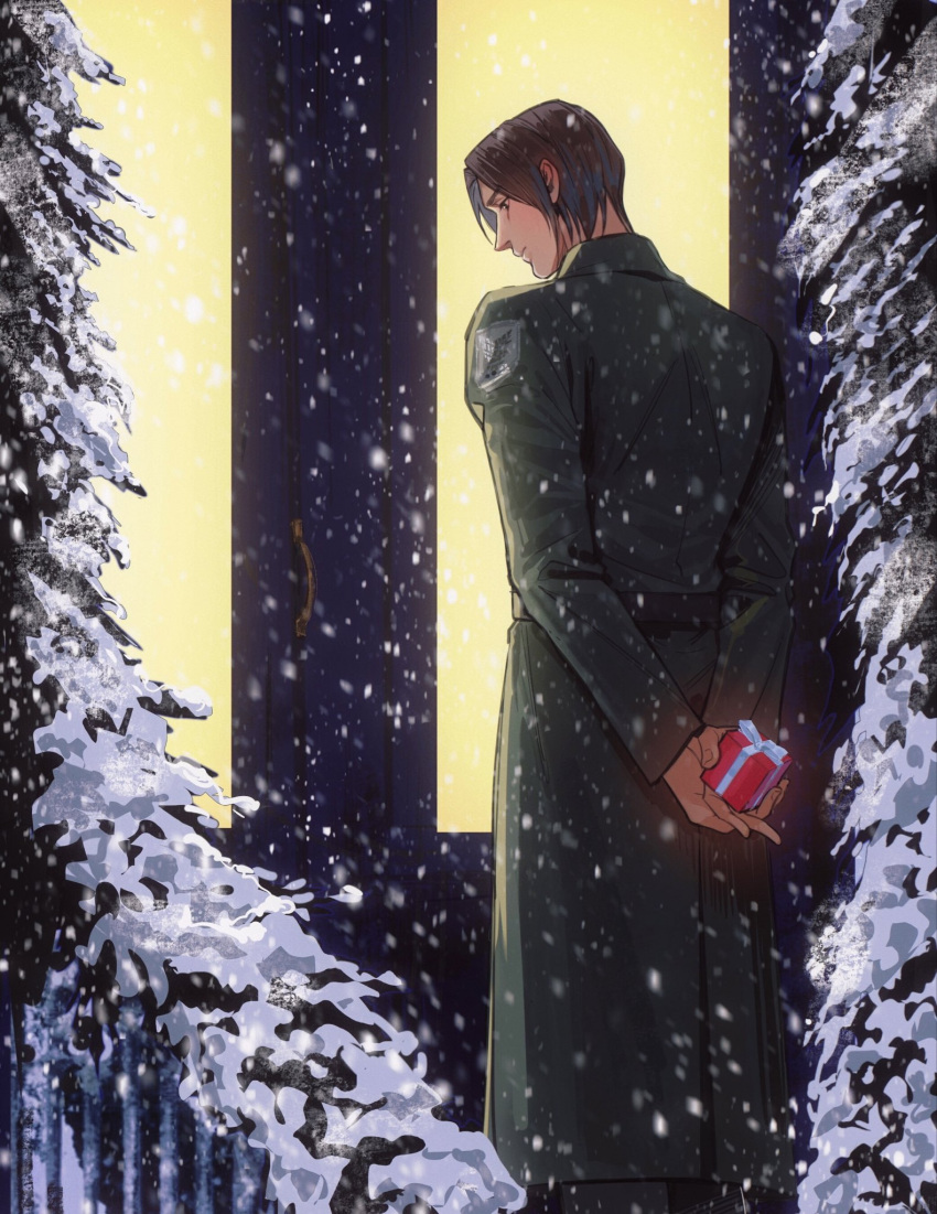 1boy, black_coat, box, brown_hair, christmas_present, coat, door, eren_yeager