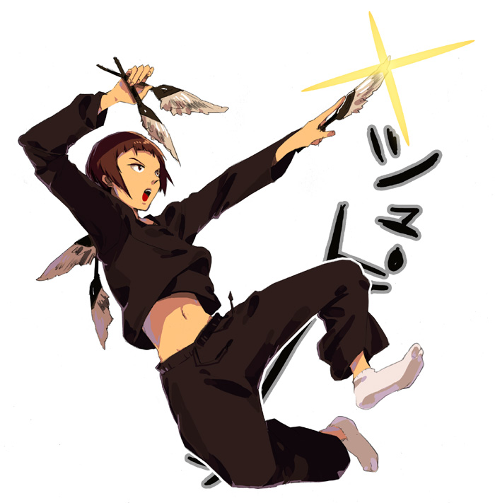 bad_id, bakuman, brown_eyes, brown_hair, feathers, footwear, hosaka_dx, male