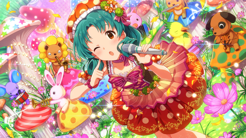 1girl, :o, bird, brown_eyes, commentary_request, confetti, detached_sleeves, dog