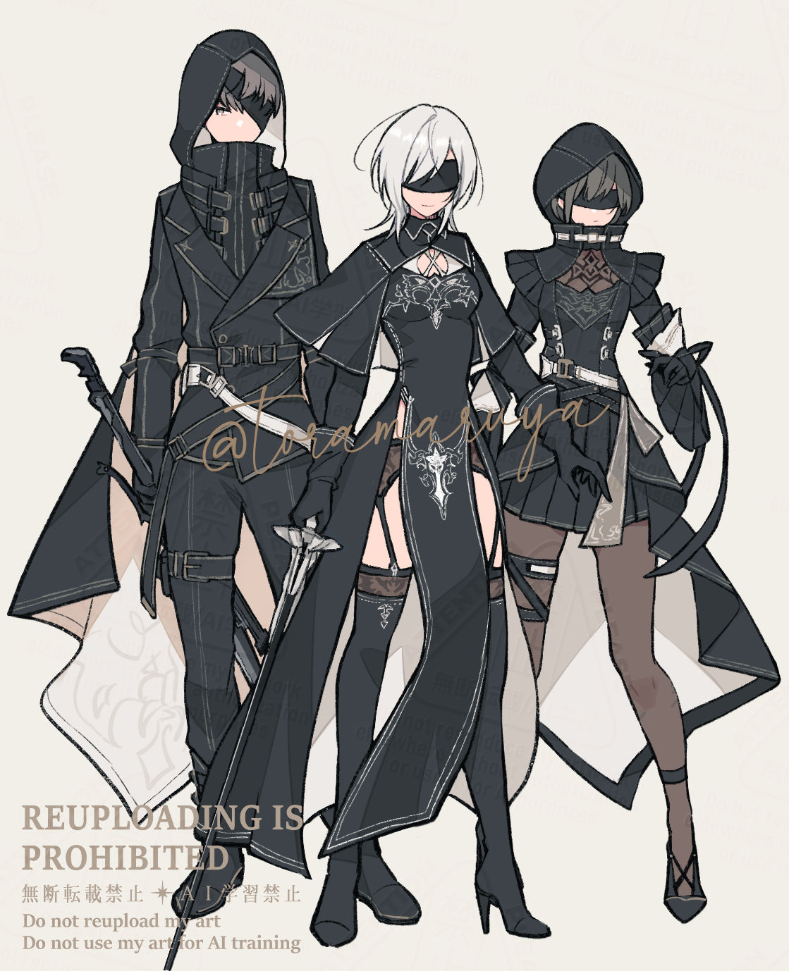 10h_(nier_reincarnation), 1boy, 2girls, akagi_hina, black_boots, black_cape, black_capelet, black_coat