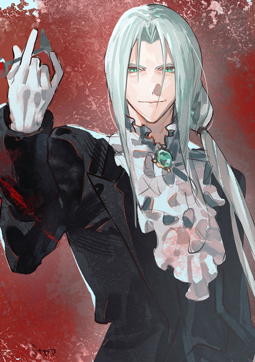 1boy, alternate_costume, alternate_hairstyle, aristocratic_clothes, ascot, black_suit, collar, commentary