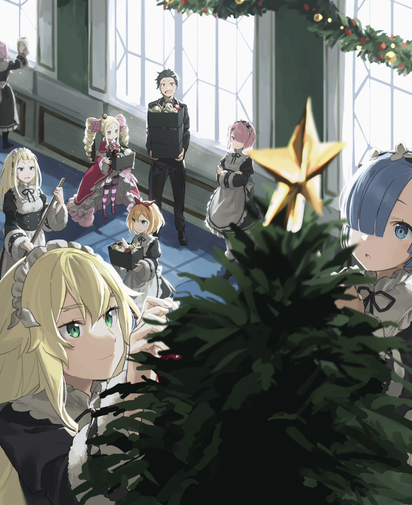 1boy, 6+girls, 8_humi, alternate_costume, apron, beatrice_(re:zero), black_hair, blonde_hair