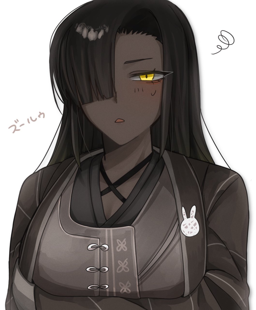 1girl, asymmetrical_bangs, blush, colored_skin, commentary_request, grey_skin, hair_over_one_eye, highres