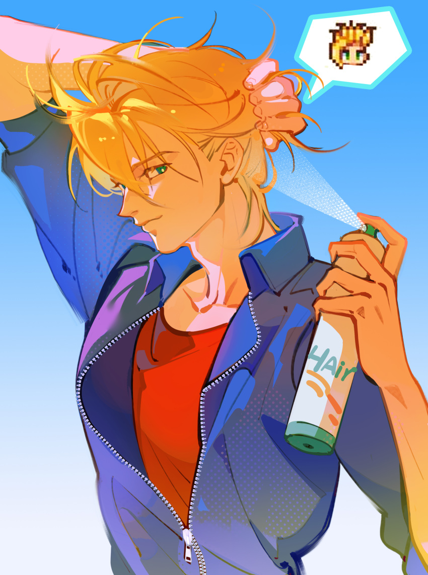 1boy, 2966441886, absurdres, alternate_hairstyle, arm_up, blonde_hair, blue_jacket, closed_mouth