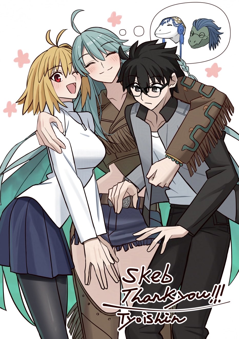 1boy, 2girls, ahoge, arcueid_brunestud, arm_around_shoulder, bead_bracelet, beads, belt
